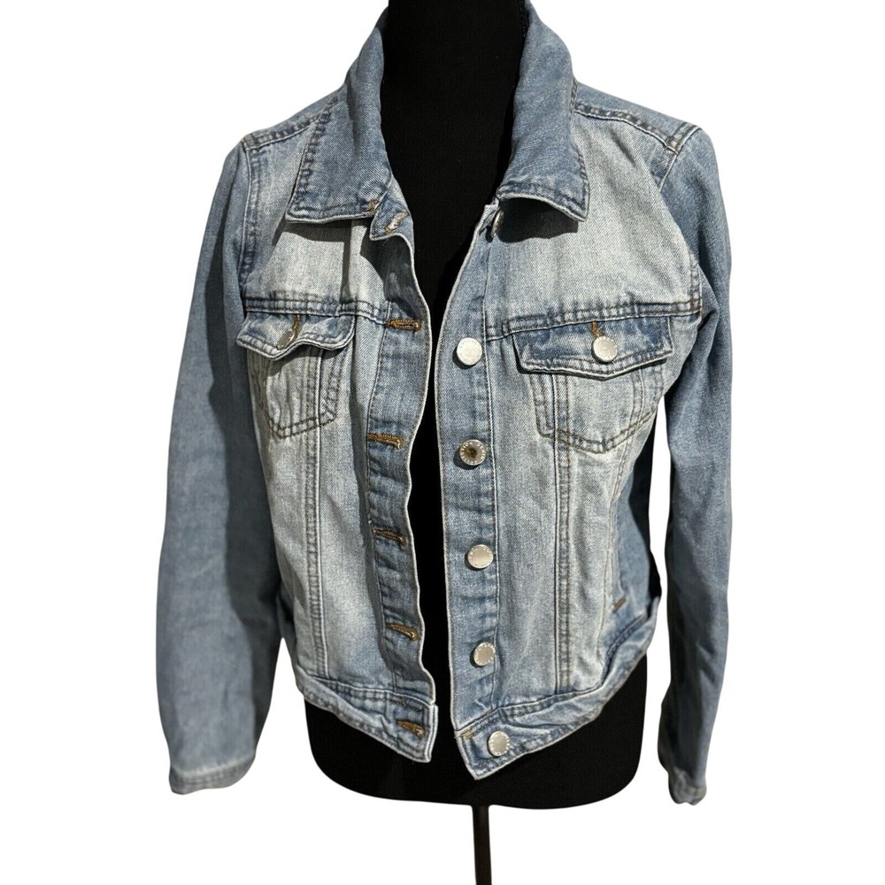Womens Denim Medium Wash Cropped Trucker jean Jacket‎ Sz M cowgirl boho y2k 90's